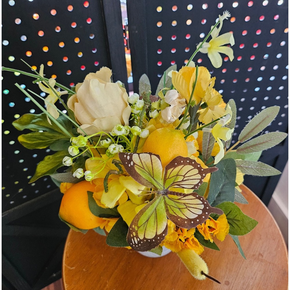 Handmade Floral Arrangement Yellow Silk Flowers Lemons Butterfly 11in Decor